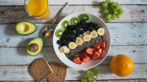 Health breakfast bowl with toast, avocado, and orange juice