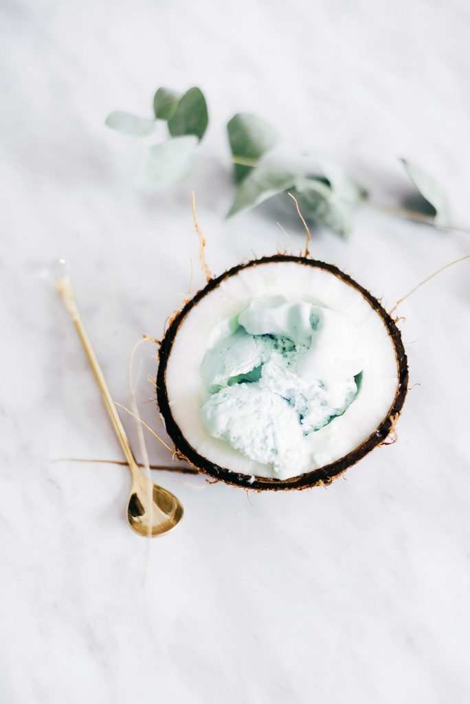 Coconut ice cream in a coconut shell